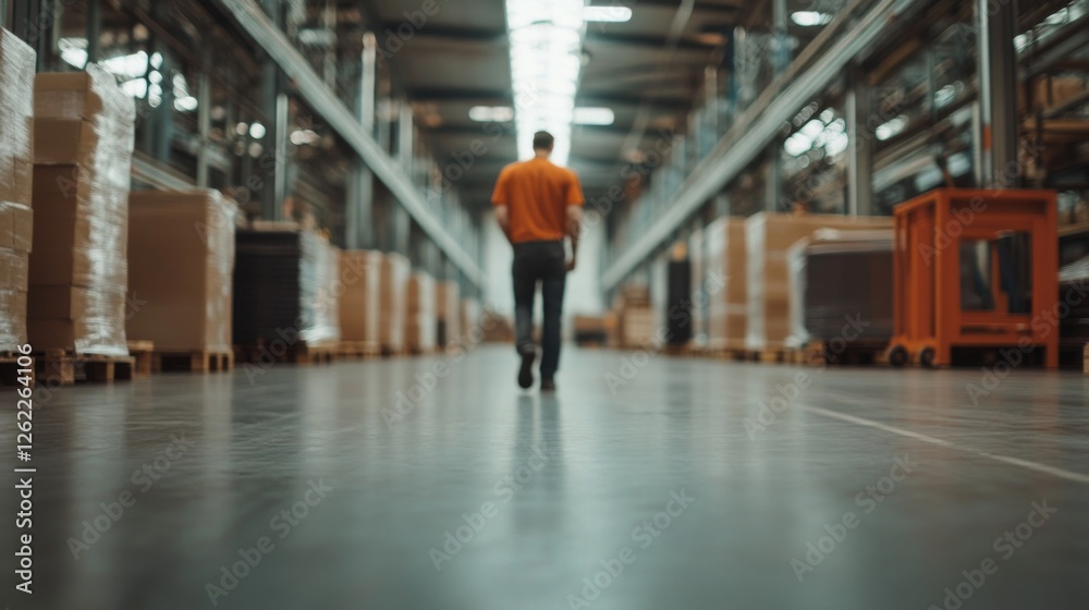 Obraz premium Factory worker walking aisle, cardboard boxes, industrial background, logistics