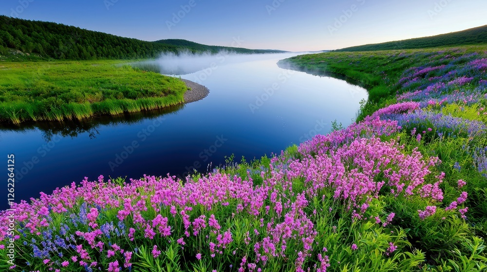 Fototapeta premium Serene River Landscape With Blooming Wildflowers