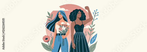 illustration postcard women's day, different women on sunset background with flowers and protest gesture, gender equality and empowerment. Suitable for feminism projects, website