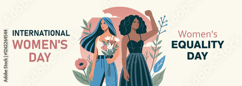 Women's day. Equality day. Vector banner two different women with flowers and protest gesture symbolizes gender equality and the fight for empowerment. Suitable for women's holidays, website