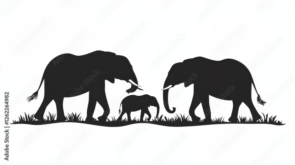 Fototapeta premium Family of Elephants Walking Silhouetted Against a White Background