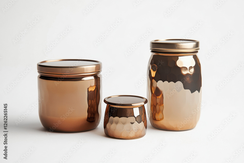 Elegant set of three bronze metallic jars with reflective surfaces, showcasing a hammered texture against a white background for stylish home decor or storage solutions. Elegant set of three bronze metallic jars with reflective surfaces, showcasing a hammered texture against a white background for stylish home decor or storage solutions.