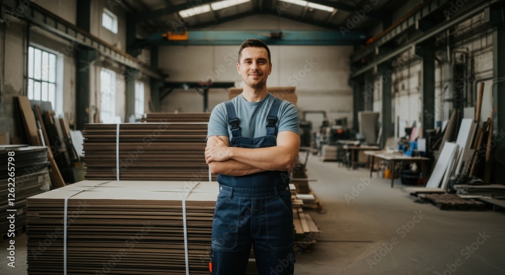 Caucasian male young adult carpenter in workshop with stacked wood panels Caucasian male young adult carpenter in workshop with stacked wood panels