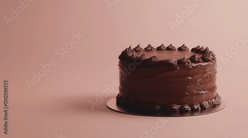 A close-up of a rich chocolate cake with glossy frosting and minimal decoration, placed on a pln background with space for text.