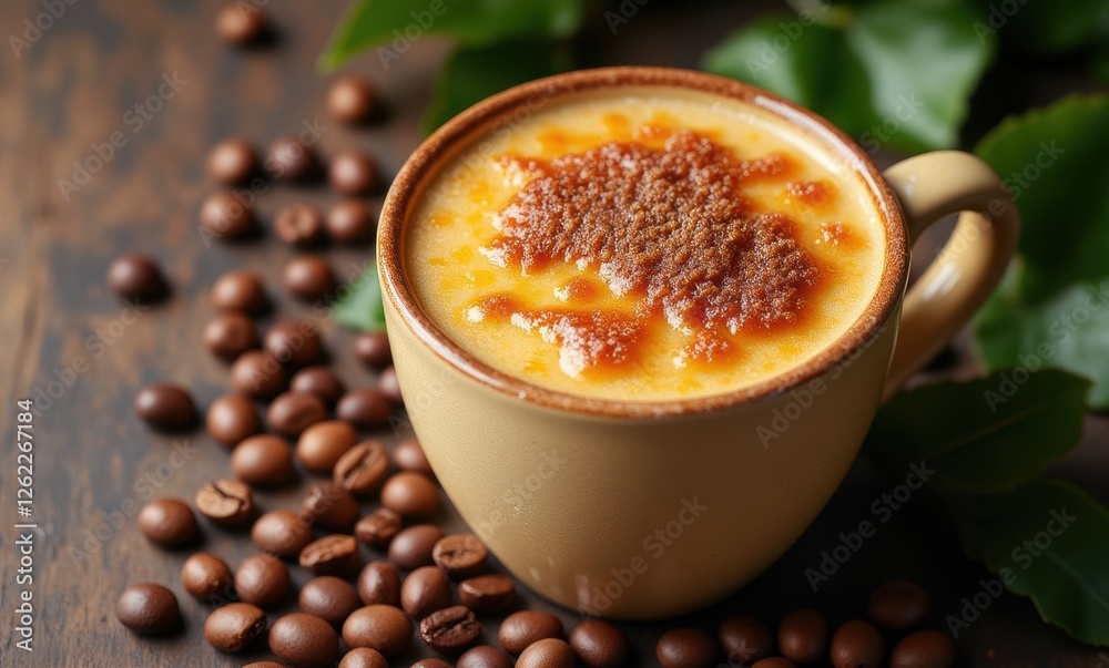 Warm coffee with caramel topping in cup Warm coffee with caramel topping in cup