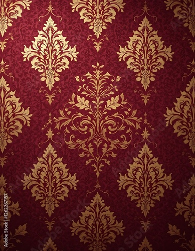 Elegant Gold Damask Pattern on Rich Red Background
