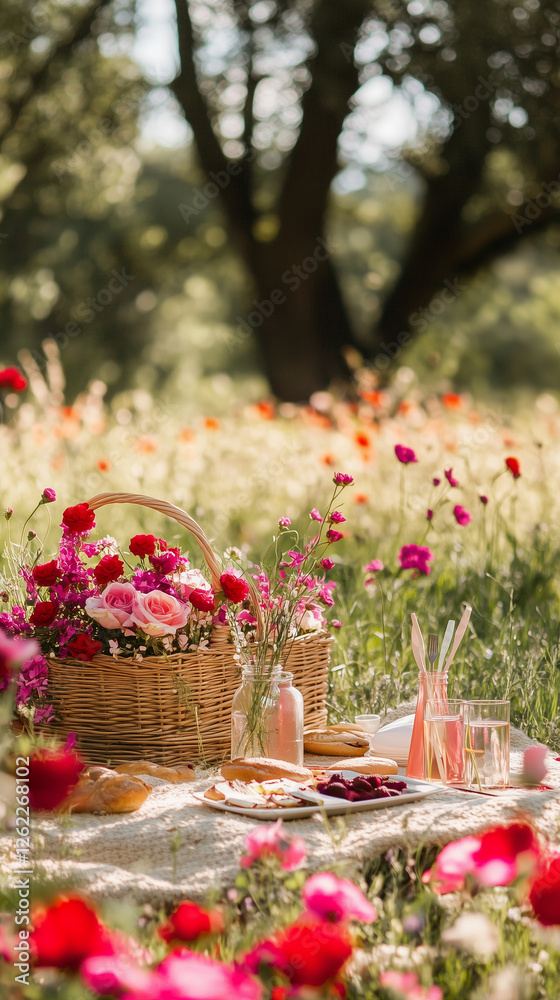 Naklejka premium A romantic picnic setup in a meadow filled with vibrant red and pink flowers, with eco-friendly baskets and biodegradable cutlery 