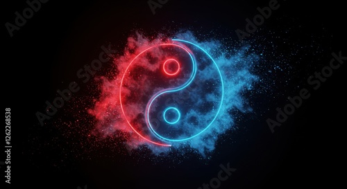 Vibrant Yin Yang Symbol with Red and Blue Energy on a Dark Background