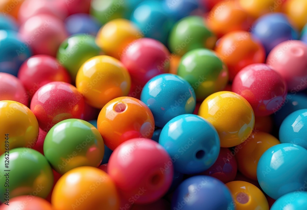 3D Render: Vivid Display of Glossy Plastic Beads Against Blurred Background. A close up of a pile of brightly colored plastic beads. 3D Render: Vivid Display of Glossy Plastic Beads Against Blurred Background. A close up of a pile of brightly colored plastic beads.