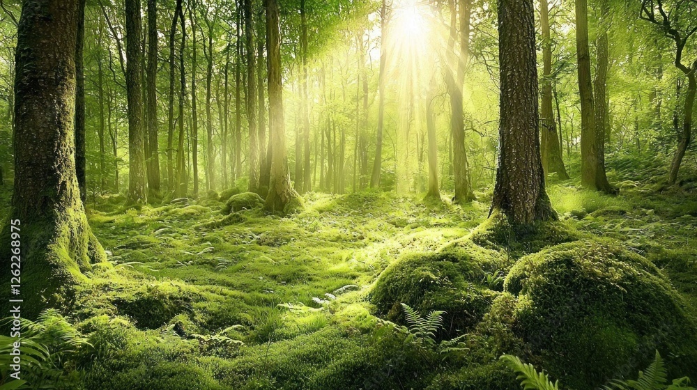 Obraz premium Sunlit Forest: A Tranquil Green Haven