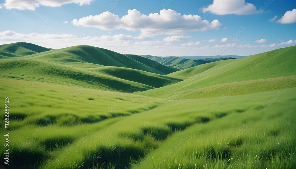 Serene rolling hills with lush grasslands bathed in warm sunlight Serene rolling hills with lush grasslands bathed in warm sunlight