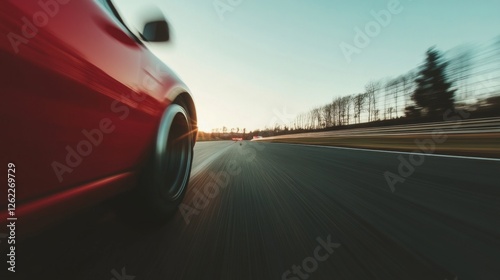Red car speeding on race track at sunset
