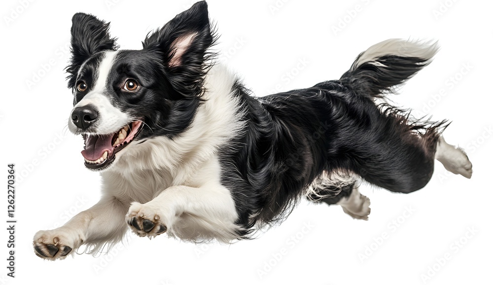 Energetic Dog Jumping in Mid-Air against a White Background