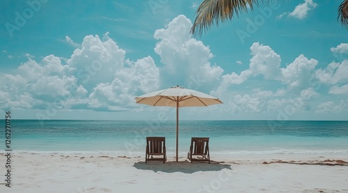 Tropical beach chairs under parasol, sunny sky photo