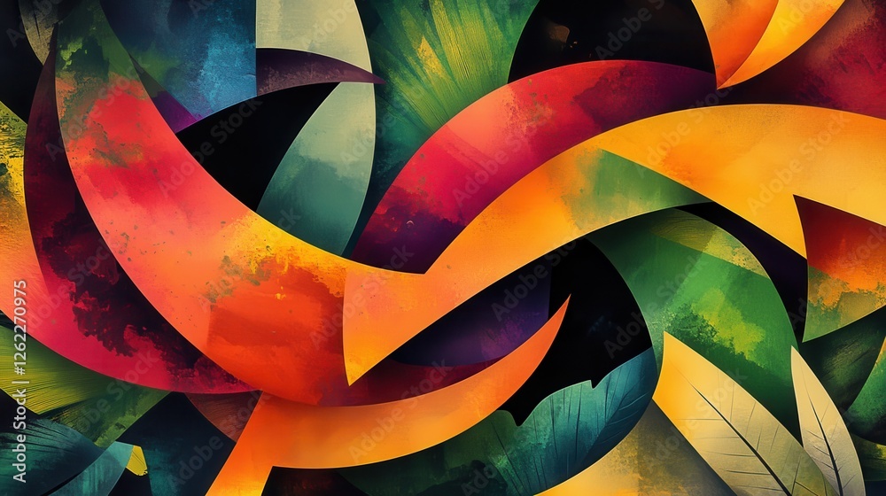 Fototapeta premium Vibrant Abstract Design with Colorful Curved Shapes and Leaves