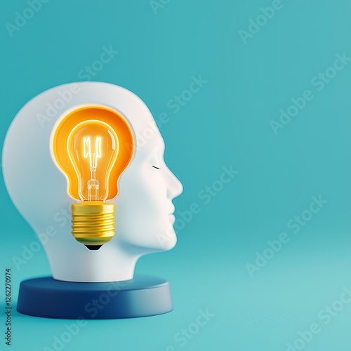 A creative representation of a human head with a glowing light bulb, symbolizing ideas, inspiration, and innovation against a bright blue background.