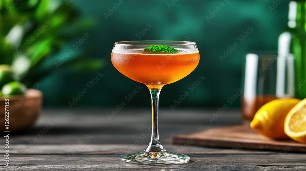 Elegant Upscale Cocktail with Mint Garnish on a Stylish Bar Top Surrounded by Fresh Ingredients and Dimly Lit Background Elegant Upscale Cocktail with Mint Garnish on a Stylish Bar Top Surrounded by Fresh Ingredients and Dimly Lit Background