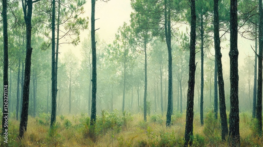 Fototapeta premium Misty Pine Forest Enchantment: A Serene Landscape in Nature's Embrace