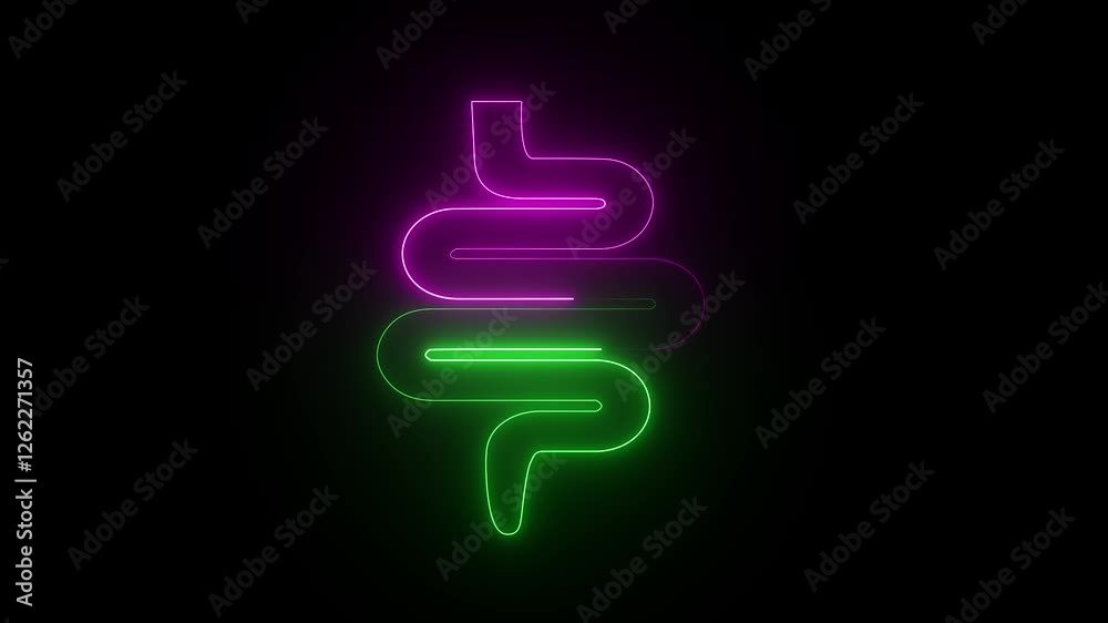 Glowing intestines icon animation.  Neon glowing Intestine human icon animation on black background. intestinal surgery icon.