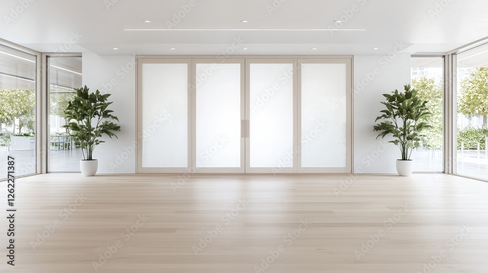 Obraz premium Minimalist empty room, large windows, plants, patio view, interior design