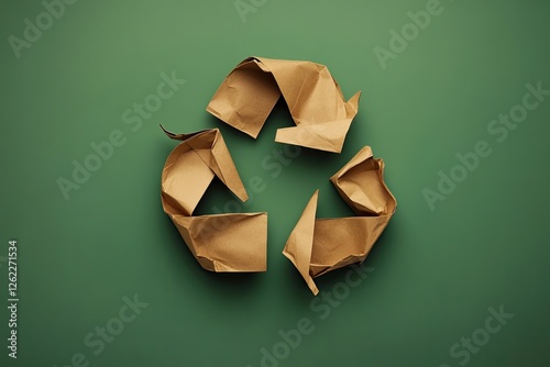 Recycled paper recycling symbol on green background photo