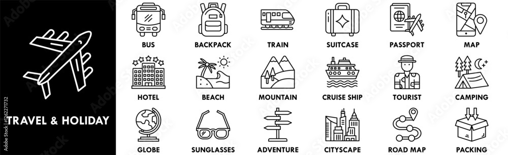 Travel and Holiday icon collection set. Containing design travel, holiday, vacation, summer, beach, tourism Travel and Holiday icon collection set. Containing design travel, holiday, vacation, summer, beach, tourism