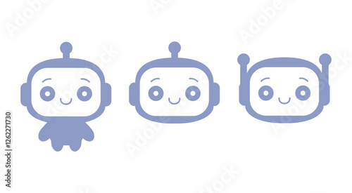 Ai chat bot icon set, chatbot smiling heads set, artificial intelligence bots, cute  online robot in cartoon style, vector illustration.