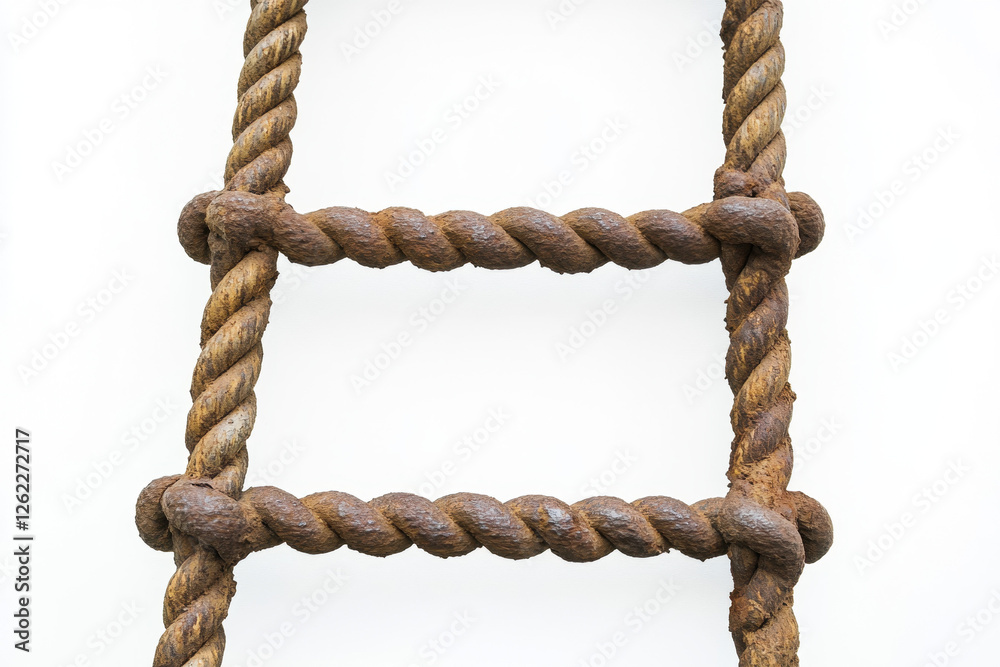 Close-up of a rusty, nautical rope ladder against a white backdrop, highlighting texture and decay. Close-up of a rusty, nautical rope ladder against a white backdrop, highlighting texture and decay.
