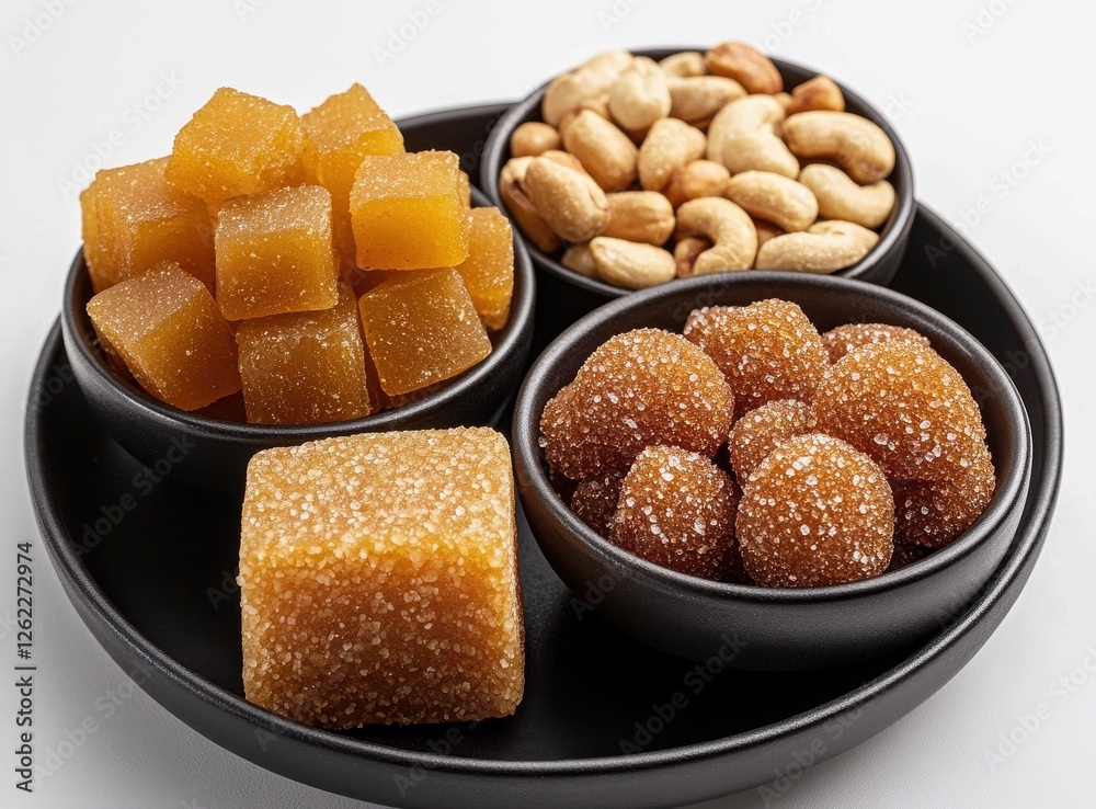 Assorted Delicious Indian Sweets and Nuts Served in Black Bowls on a Minimalistic Background for Festive Occasions and Celebrations Assorted Delicious Indian Sweets and Nuts Served in Black Bowls on a Minimalistic Background for Festive Occasions and Celebrations