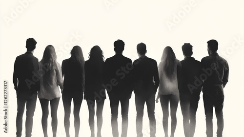 Silhouetted group walking, bright background, teamwork concept