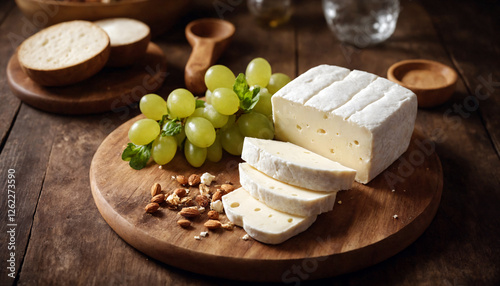 Feta Cheese. Greek Cheese. Fresh feta cheese on a wooden board