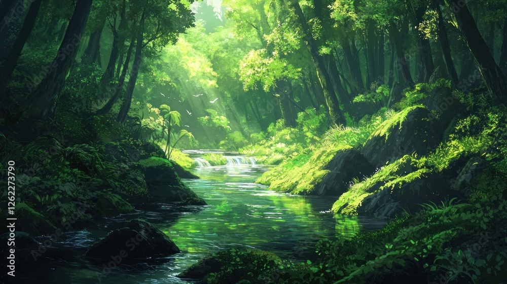 Fototapeta premium Serene Forest River: A Digital Painting of Tranquil Nature