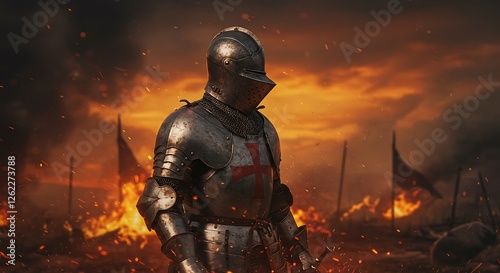 A knight in armor walks through blazing flames on a battlefield at sunset