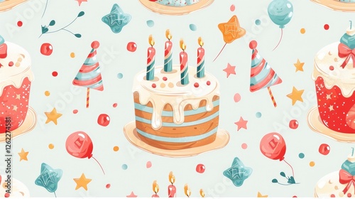 Birthday cake, candles, and confetti pattern background. illustration.