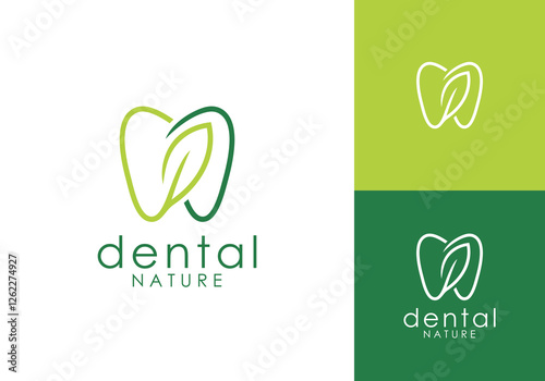 dental with leaf logo. nature dental health care line art vector graphic design