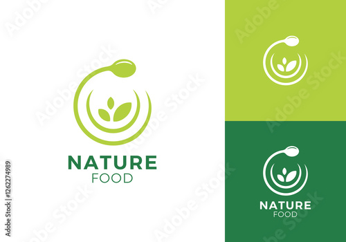 plate spoon and leaf logo. health restaurant food nature symbol vector design