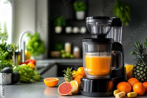 Modern electric juicer with fresh fruits on table in kitchen, closeup