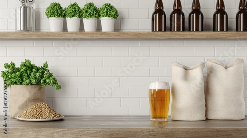 Rustic homebrew setup with bottles and beer ingredients on wooden shelves against a white brick wall.
