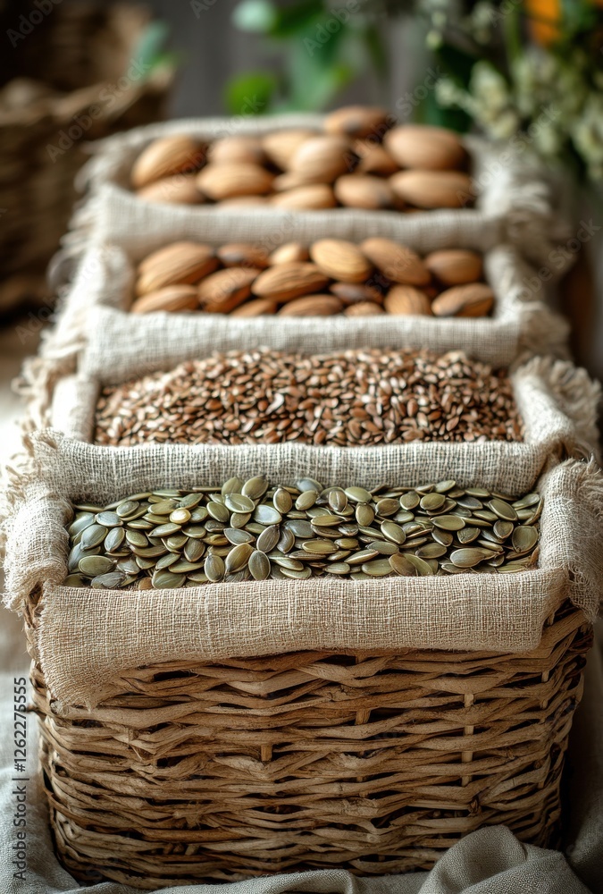 Obraz premium Assorted Nuts and Seeds in Natural Baskets on Wooden Table Surrounded by Greenery, Perfect for Healthy Food and Natural Lifestyle Photography