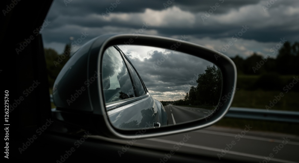 Moody sky reflected in car mirror on open road Moody sky reflected in car mirror on open road