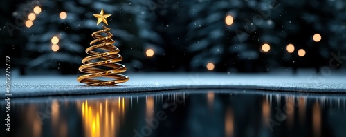 Golden Christmas Tree Reflecting in the Snowy Lake
