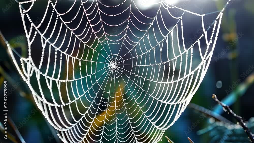 Delicate Spider Web Glimmering with Dew Drops in Early Morning Light Amidst Nature's Lush Green Background Delicate Spider Web Glimmering with Dew Drops in Early Morning Light Amidst Nature's Lush Green Background