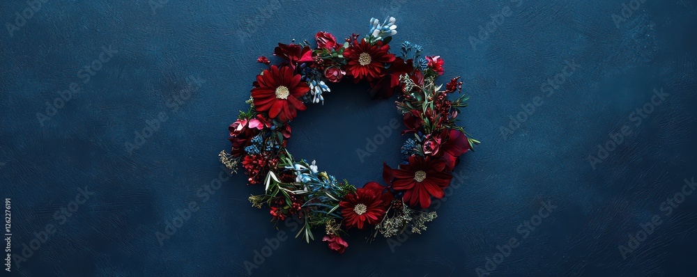 Floral Wreath of Burgundy and Blue Shades on Dark Backdrop