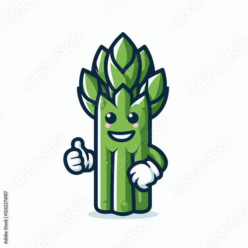 Asparagus Mascot Thumbs Up: A cheerful asparagus mascot with a wide smile and thumbs-up gesture, showcasing a fun and vibrant personality. Perfect for healthy food branding, recipes, and more.