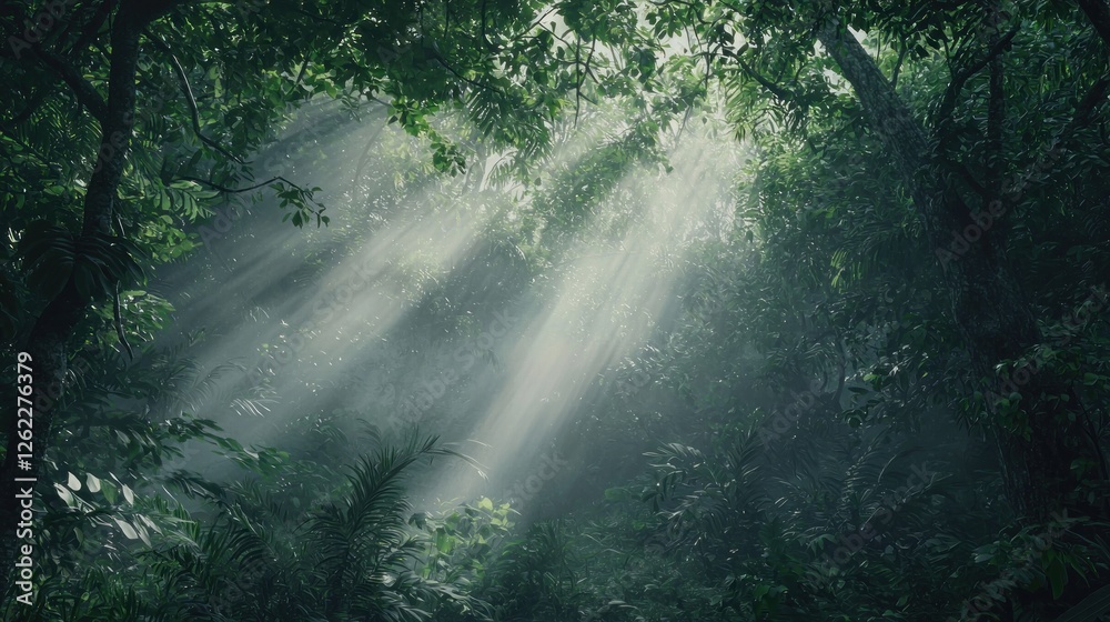 Obraz premium Mystical Sunbeams Piercing Through Lush Rainforest Canopy