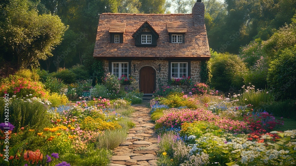 Obraz premium Rustic farmhouse with a vibrant garden full of blooming flowers 