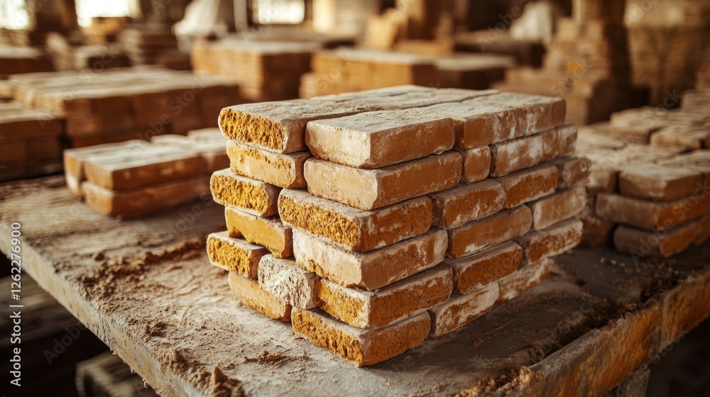 Clay is being prepared and shaped into bricks, followed by a drying process and high-temperature firing in kilns to create durable construction materials Clay is being prepared and shaped into bricks, followed by a drying process and high-temperature firing in kilns to create durable construction materials