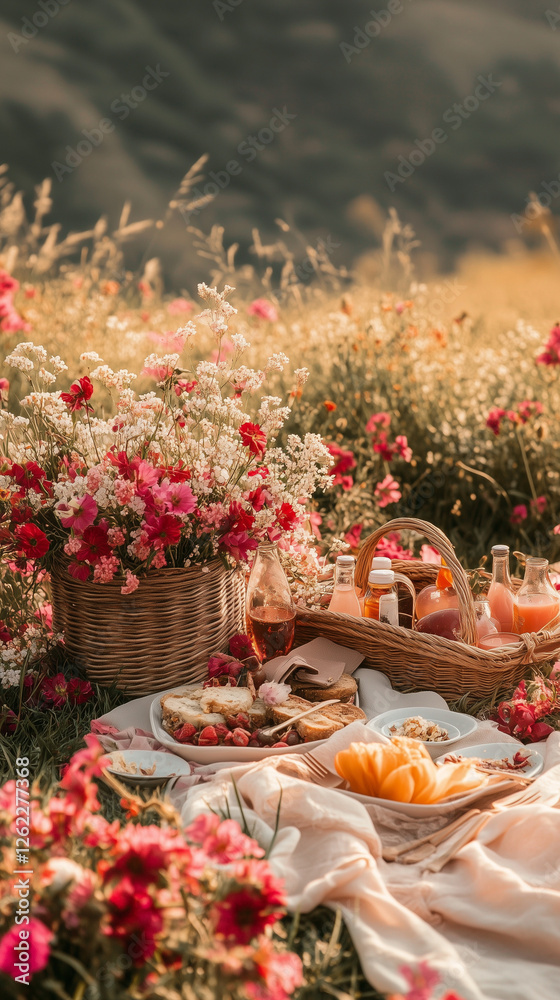 Fototapeta premium A romantic picnic setup in a meadow filled with vibrant red and pink flowers, with eco-friendly baskets and biodegradable cutlery 