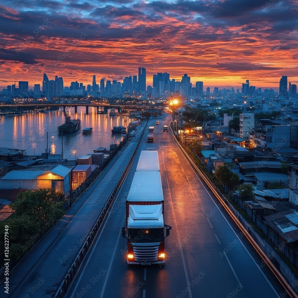 Fototapeta premium Truck driving on highway at sunset with vibrant city skyline illuminating in the background, creating a stunning view.
