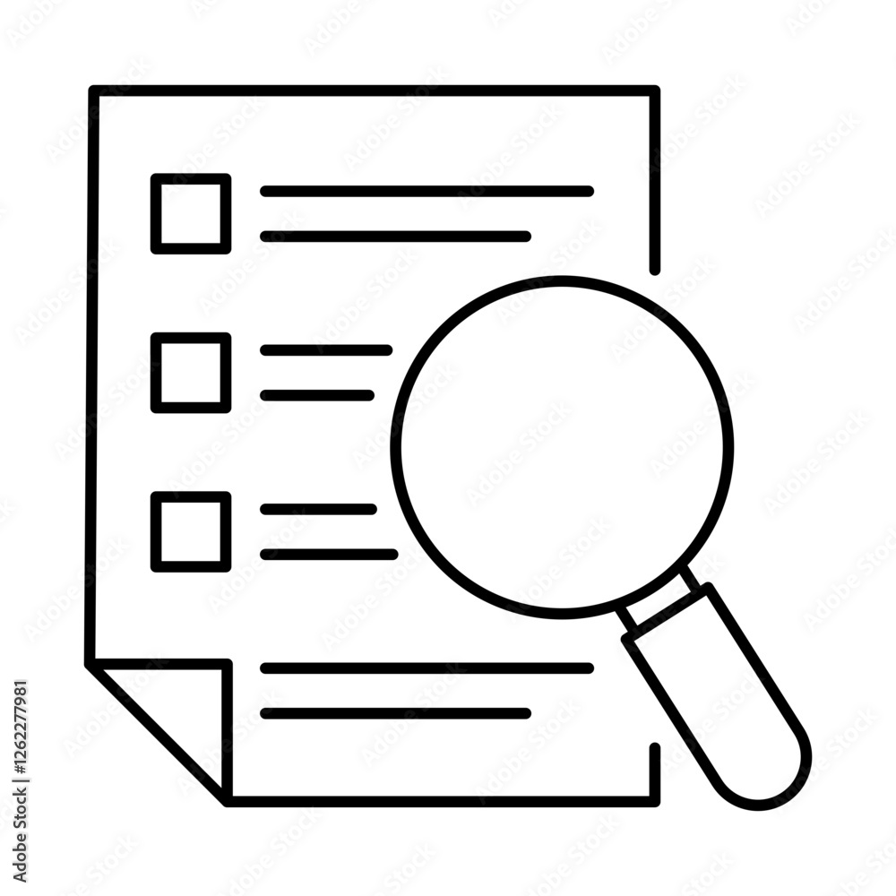 Evaluation icon. Checklist and Magnifying Glass Icon Representing the Comprehensive Assessment of Information, Performance, and Outcomes. Vector illustration. Evaluation icon. Checklist and Magnifying Glass Icon Representing the Comprehensive Assessment of Information, Performance, and Outcomes. Vector illustration.